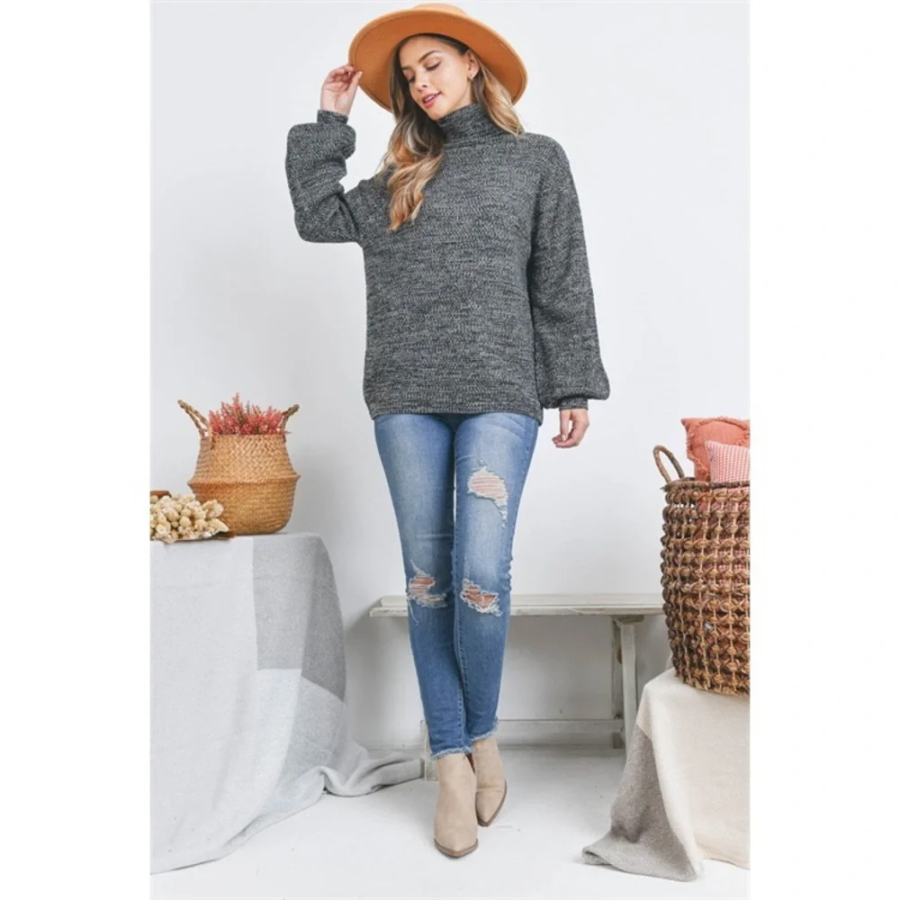 TURTLENECK MELANGE BALLOON SLEEVE SWEATER- BLACK - Picture 7 of 9